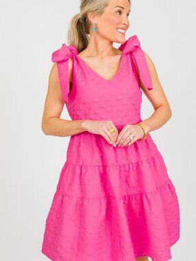Ces Femme Hot Pink Bow Shoulder Dress 💖 | Textured Tiered Mini (L)